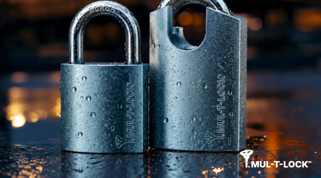 Mul-T-Lock boron shackle padlocks in the rain