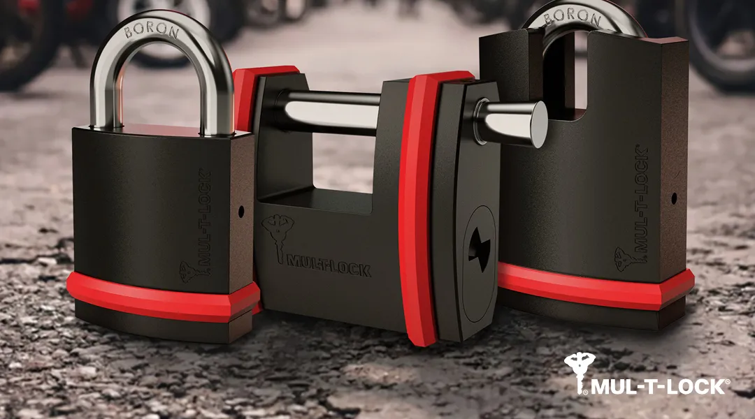 Mul-T-Lock NE Series padlocks on a busy street