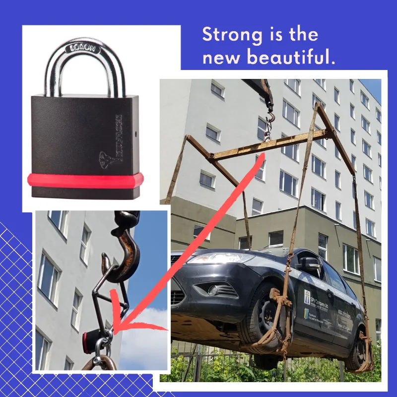 A Mul-T-Lock NE Series padlock holding the full weight of a car lifted by a crane