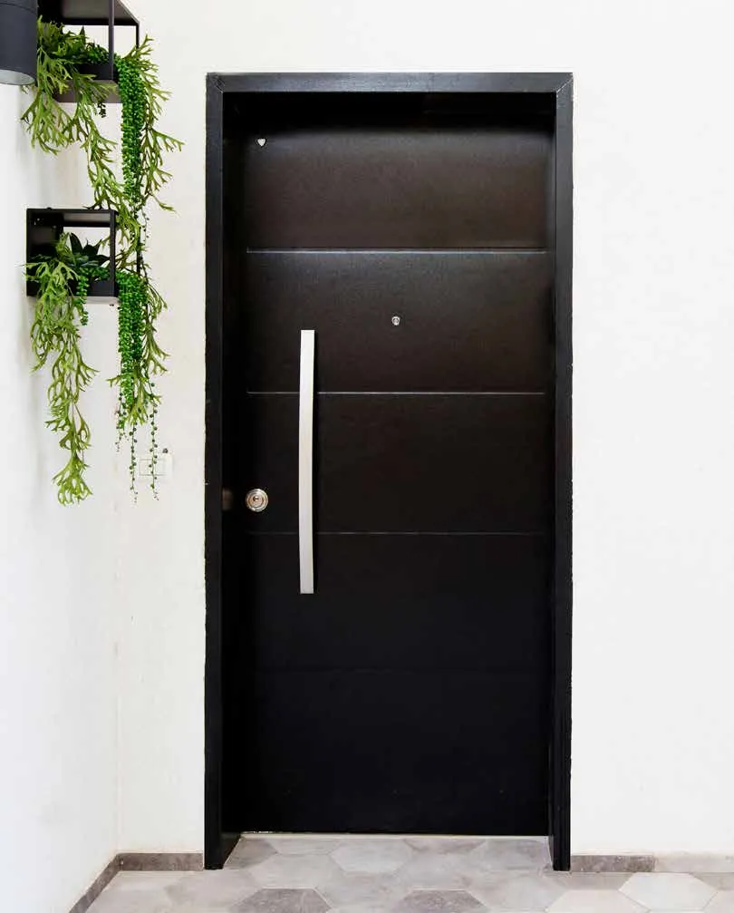 RB steel security entrance door in black with vertical pull handle